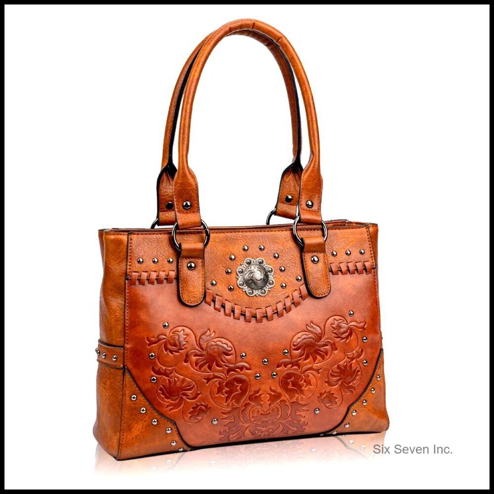 Large Western Tote Bag Vintage Embossed Concho Studs Top Handle Shoulder Purse